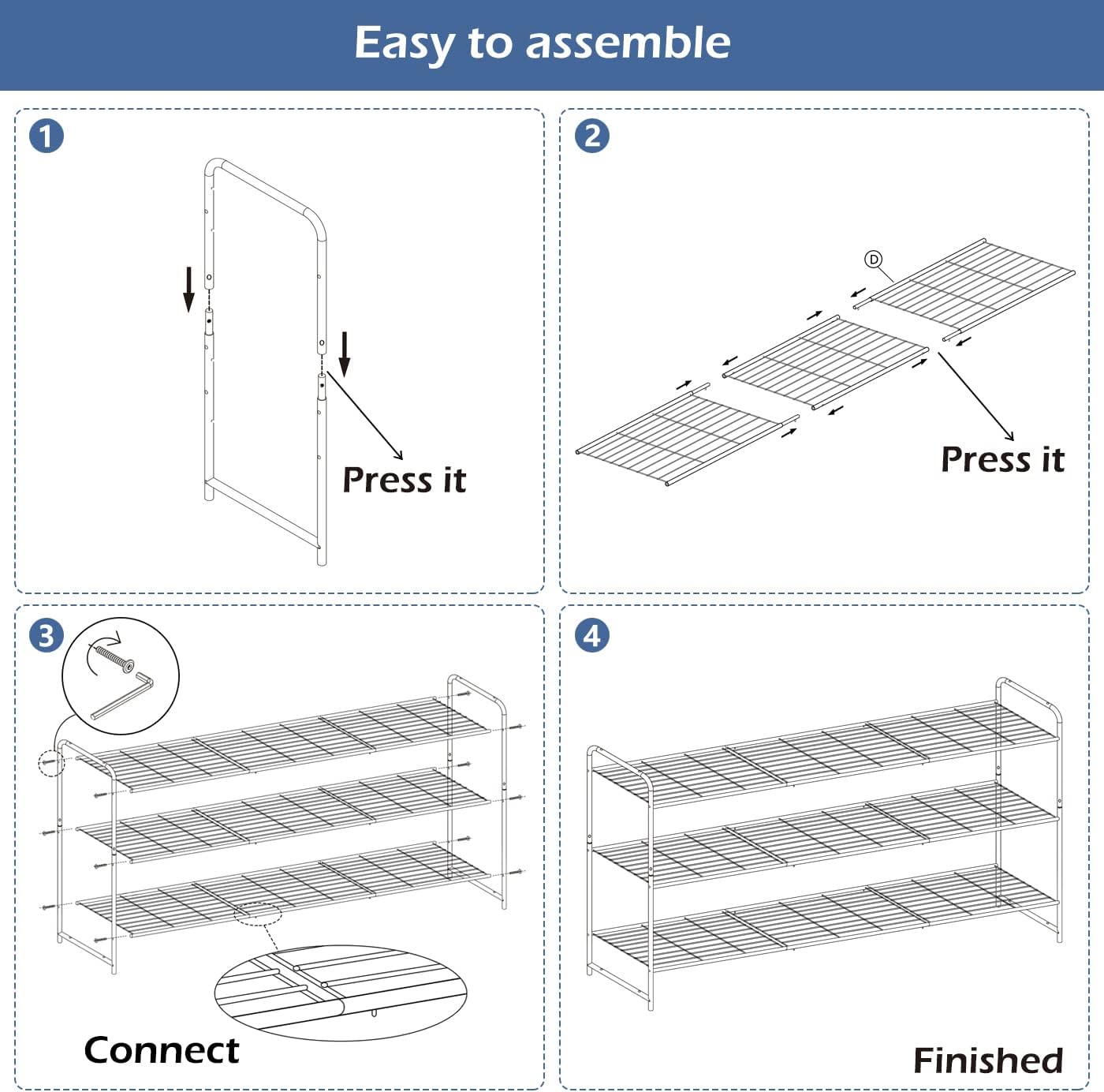 KEETDY 3-Tier Long Shoe Rack for Closet Metal Shoe Organizer for Entryway, Wide Stackable Shoe Storage Shelf with Sturdy Wire Grid for Closet Floor, Bedroom, Black