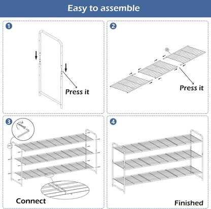 KEETDY 3-Tier Long Shoe Rack for Closet Metal Shoe Organizer for Entryway, Wide Stackable Shoe Storage Shelf with Sturdy Wire Grid for Closet Floor, Bedroom, Black