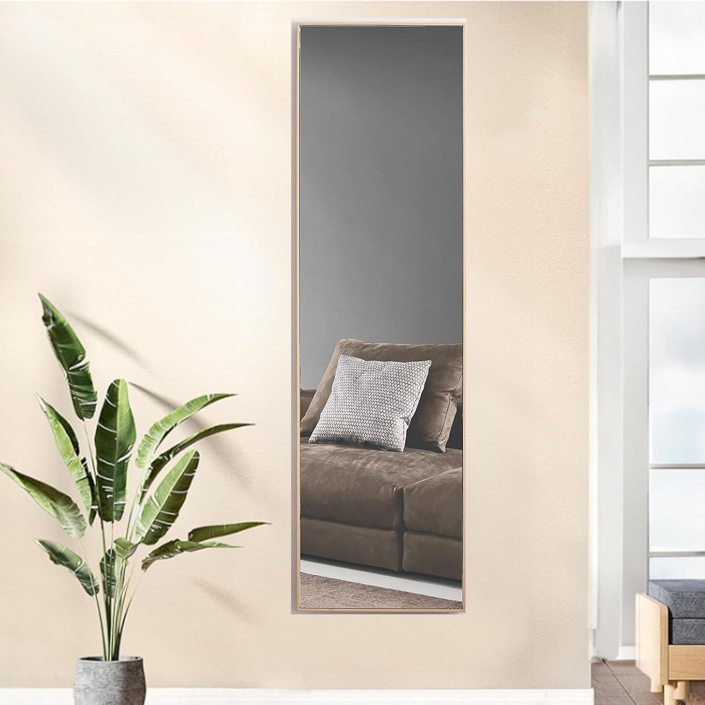 Wooden Full Length Mirror,Floor Mirror with Standing Holder Leaning/Hanging Mirror Wood Frame Large Wall-Mounted Mirror for Bedroom/Living Room,Light Oak (60x17.3)