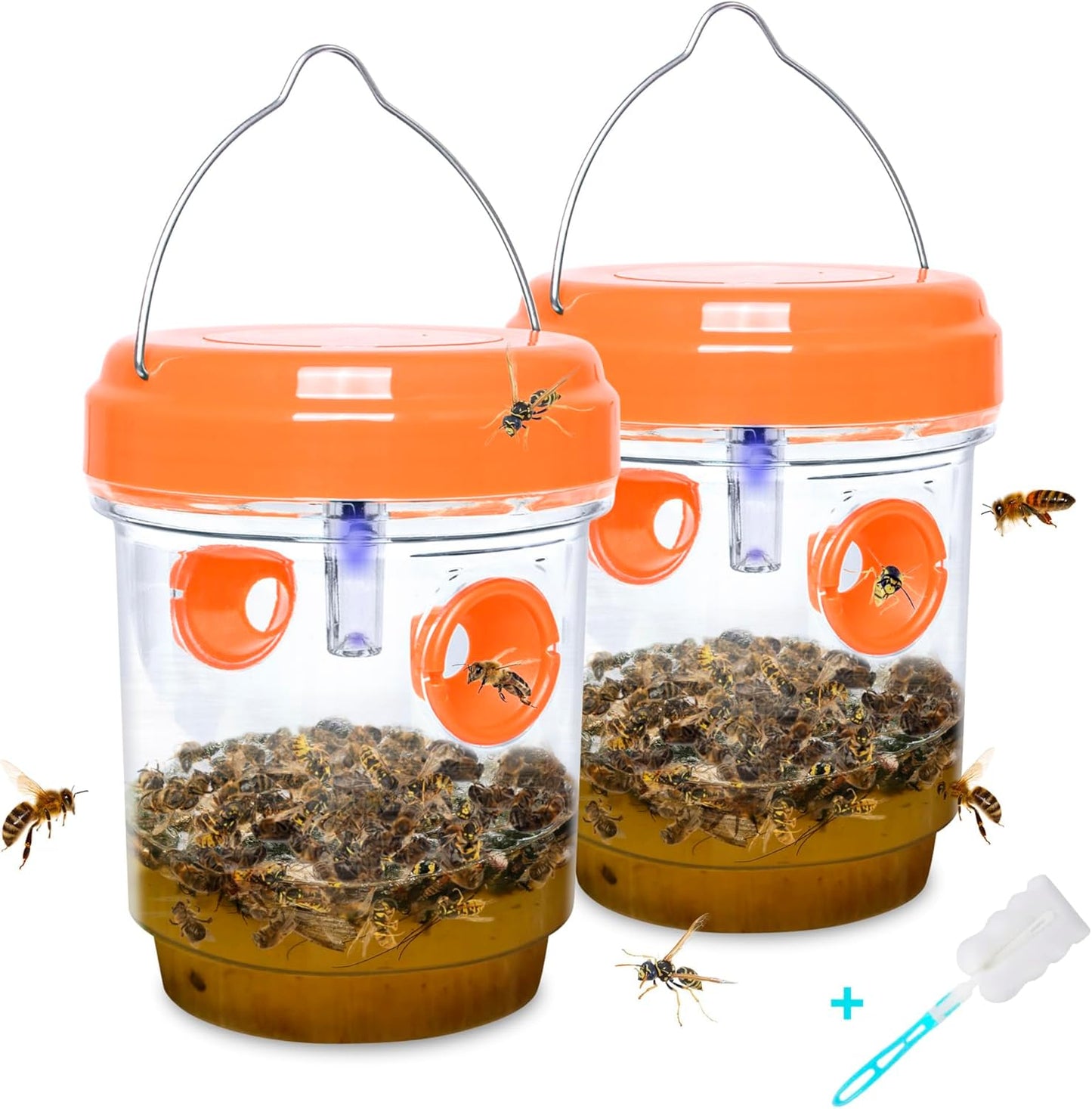 Solar Wasp Bee Trap, Outdoor Hanging LED Light Reusable Catcher for Outside | Brush Included, DIY Bait, Fits Hornet, Yellow Jacket, Wasp & Carpenter Bee, All-day Outdoor Use for Garden, Orchard & Farm