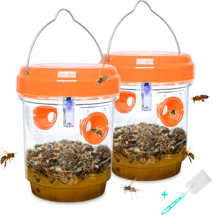 Solar Wasp Bee Trap, Outdoor Hanging LED Light Reusable Catcher for Outside | Brush Included, DIY Bait, Fits Hornet, Yellow Jacket, Wasp & Carpenter Bee, All-day Outdoor Use for Garden, Orchard & Farm