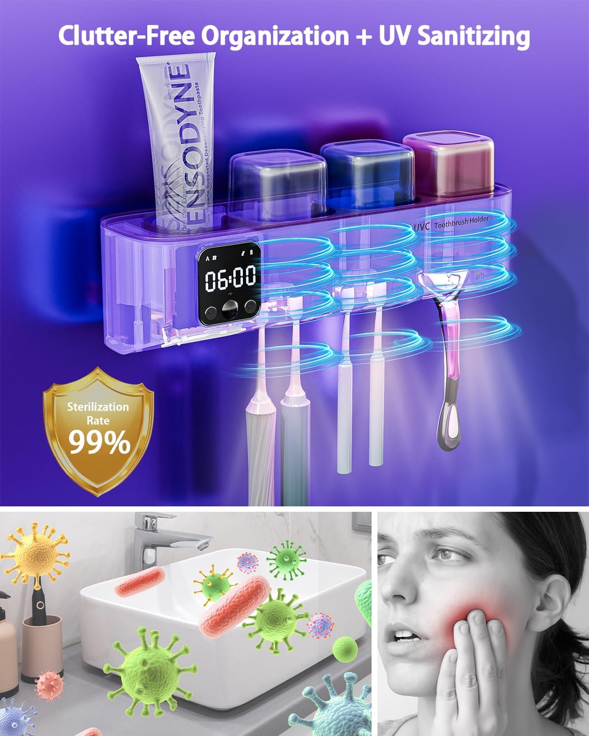 Toothbrush Sanitizer and Holder, Toothbrush Holders for Bathroom, Tooth Brush Wall-Mounted Cleaner Organizer with Auto-Inductive Cover, Air Drying Fits Most Electric, Manual and Kids’ Toothbrushes