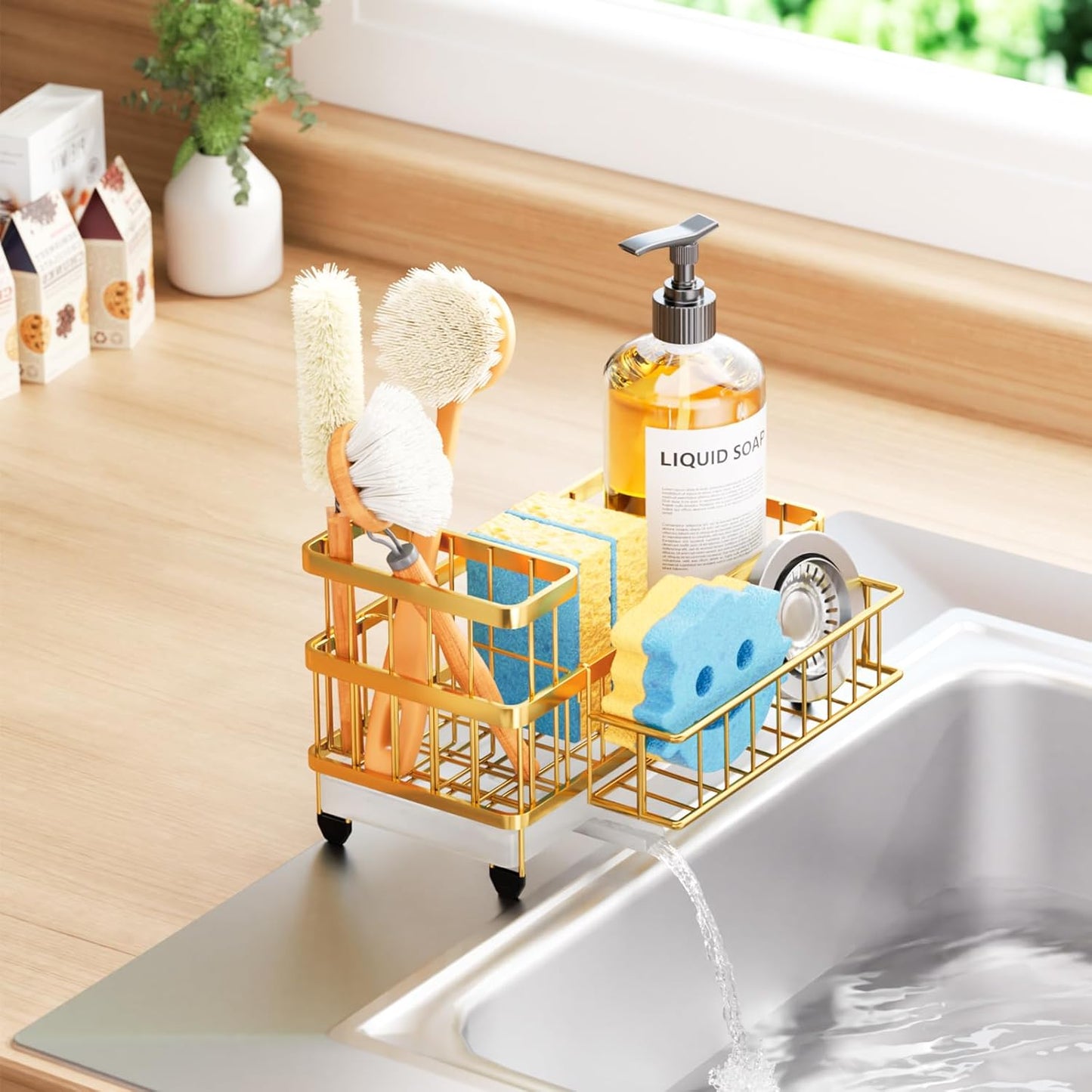 Consumest Sponge Holder for Kitchen Sink - Auto Draining Sink Caddy Organizer with Detachable Rack, High Brush Holder, Kitchen Countertop Storage Accessories, Black