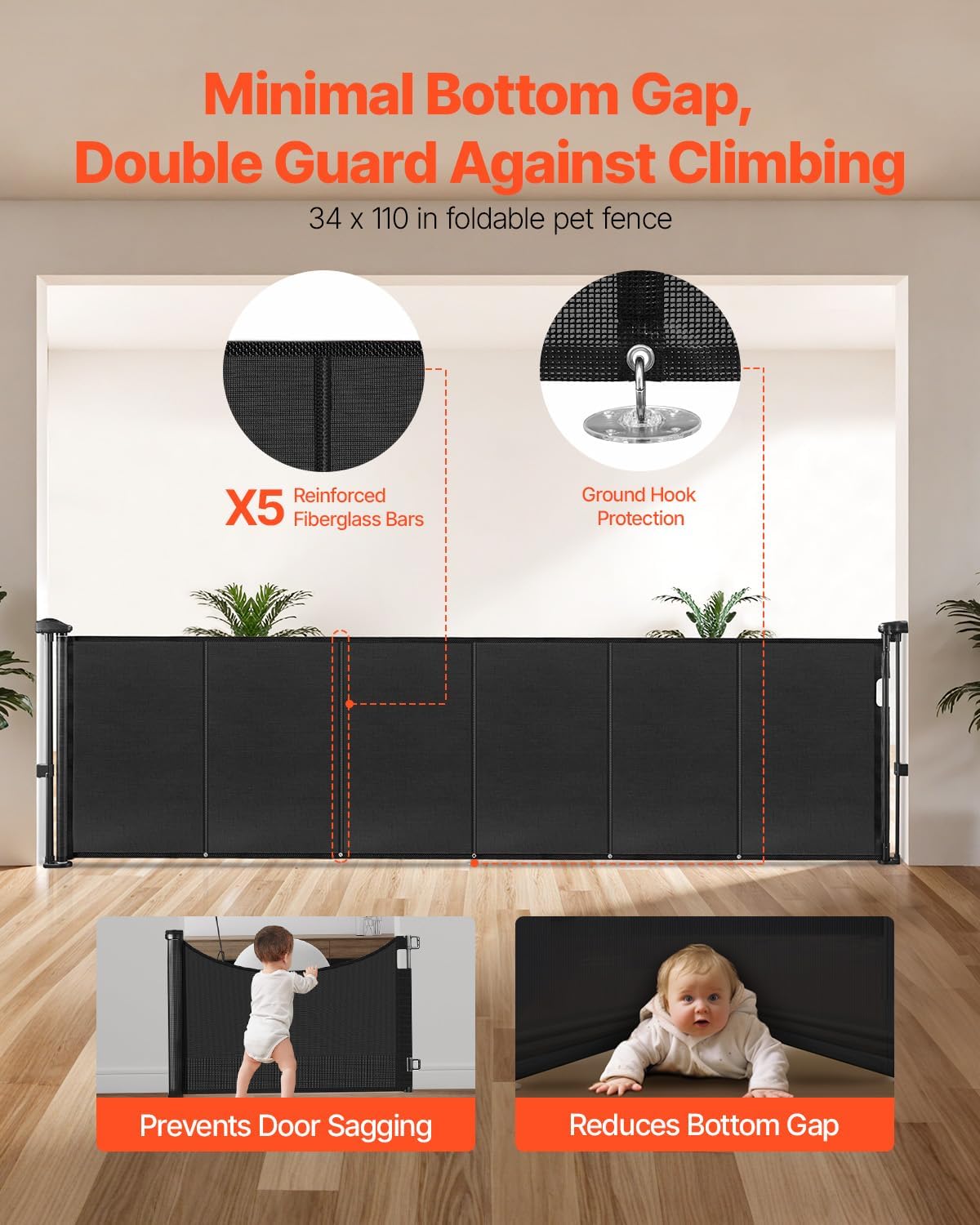 VEVOR Retractable Baby Gate, 34 inch Tall, Extends up to 71 inch Wide, Retractable Gate for Kids or Pets, Mesh Material, Easy to Install for Indoor Stairs, Doorways, Hallways, Playrooms, Gray