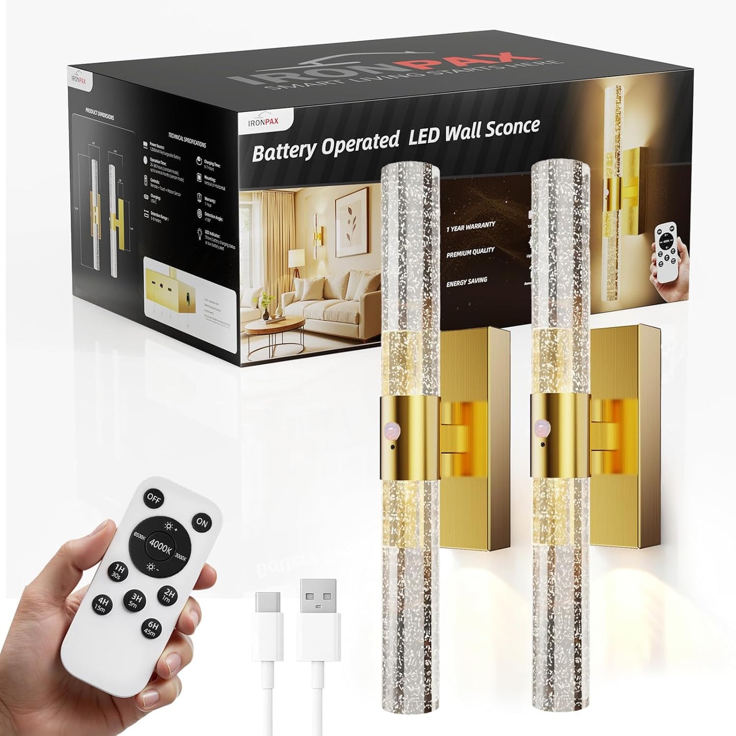 IRONPAX Wall Sconces Battery Operated Set of 2, Wireless Rechargeable Wall Sconce Set of Two, Dimmable Wall Lights with Remote for Bedroom Living Room Hallway Decor (Gold, Fabric Shade)