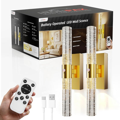 IRONPAX Wall Sconces Battery Operated Set of 2, Wireless Rechargeable Wall Sconce Set of Two, Dimmable Wall Lights with Remote for Bedroom Living Room Hallway Decor (Gold, Fabric Shade)