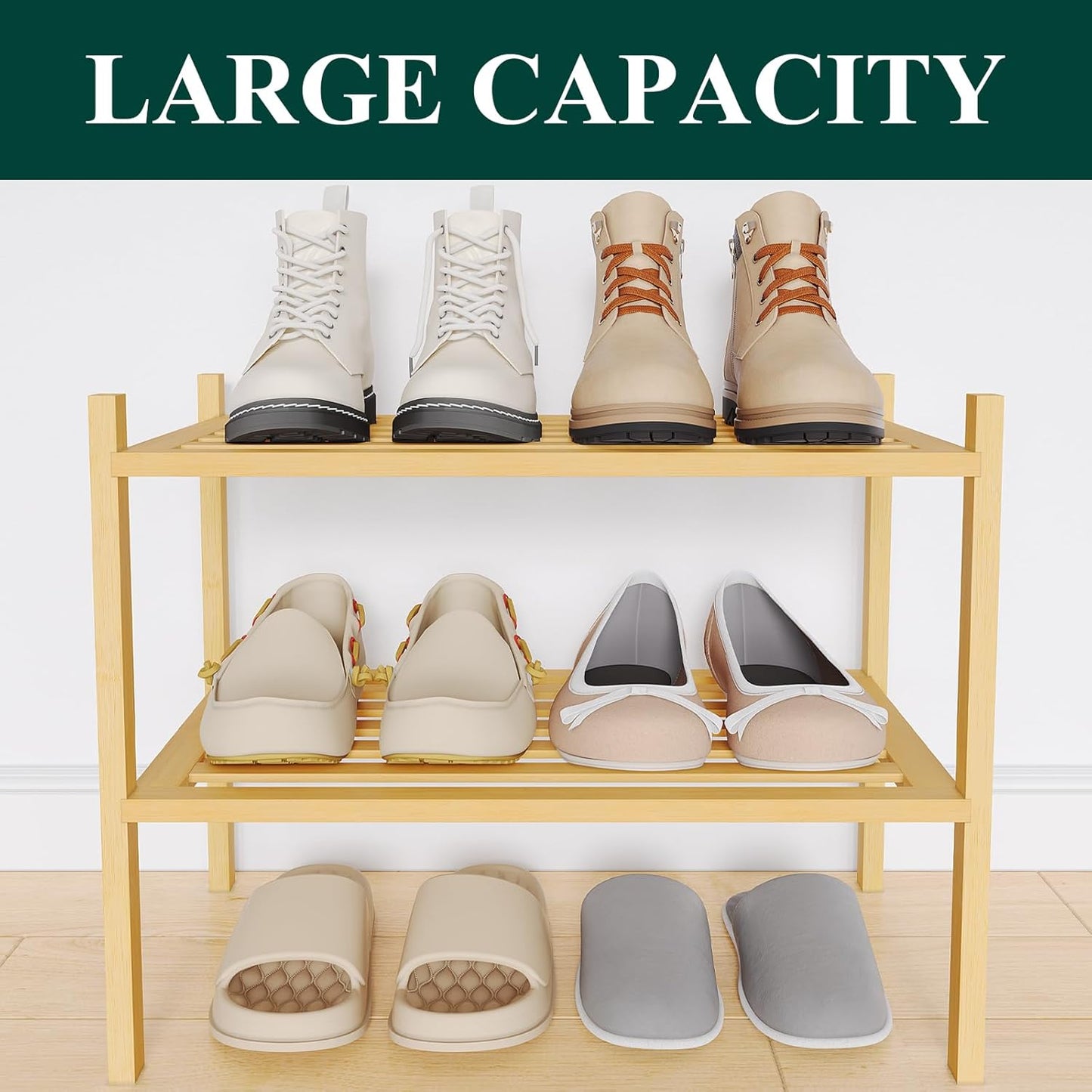 Smiry Bamboo Shoe Rack, 3 Tier Free Standing Wooden Shoe Organizer, Stackable Wood Shoe Storage Shelf for Closet, Entryway, 5 Horizontal Slats, 26.8"x11"x18.3", Natural