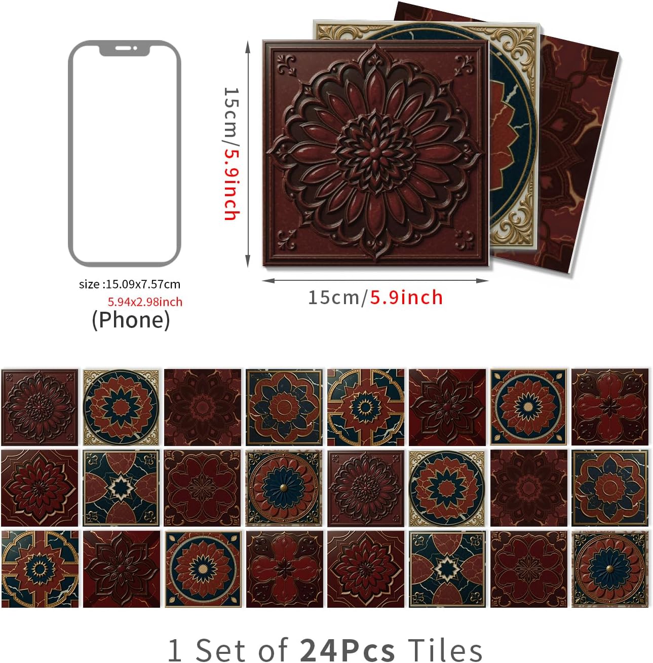 Peel and Stick Backsplash Tile Sticker for Kitchen and Bathroom Walls - 24 Removable 5.9"x5.9" Tiles, Waterproof