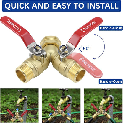 Hose Splitter 2 Way Heavy Duty, Full Flow Garden Hose Splitter with Large Easy-Turn Handle, 3/4 Inch GHT Brass Water Hose Splitter for Outdoor Faucet, Y Valve Hose Bib Splitter