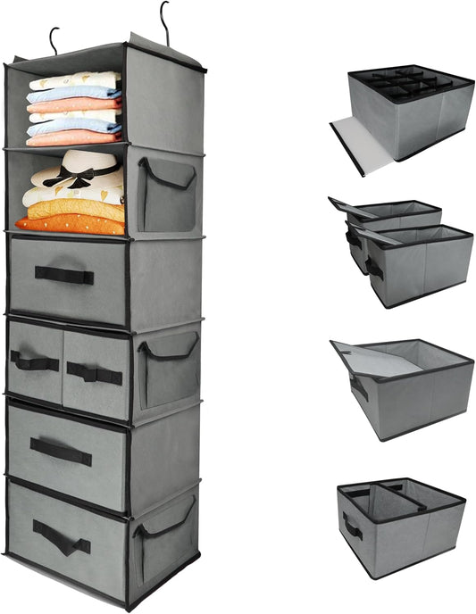 2-in-1 Durable 6-Tier Hanging Closet Organizer with 4 Removable Drawers,2 Separable 3-Tier Thickened Fabric Hanging Shelf Clothes Storage Organization Space-saving for Bedroom,Dorm,Guestroom,RV,Travel