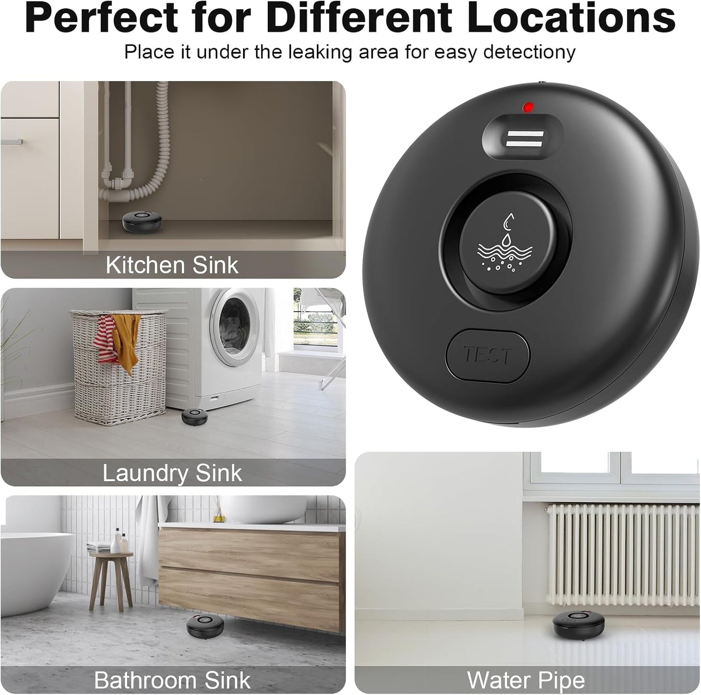 RUIKORING Water Leak Detectors for Home 4 Pcak, 120dB Adjustable Loud Alert Water Sensor, IP66 Waterproof Water Alarm, Easy Installation for Home, Bathroom, Sink, Basement Flood Prevention, Laundry