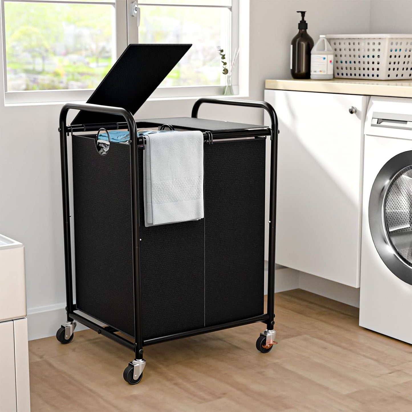 180L (47.55 Gal) Laundry Sorter 3 Section, Rolling Laundry Basket with Lockable Wheels and Lid, Laundry Hamper with 3 Separated Removable Bags Dirty Clothes Hamper for Laundry Room Organizer, Black