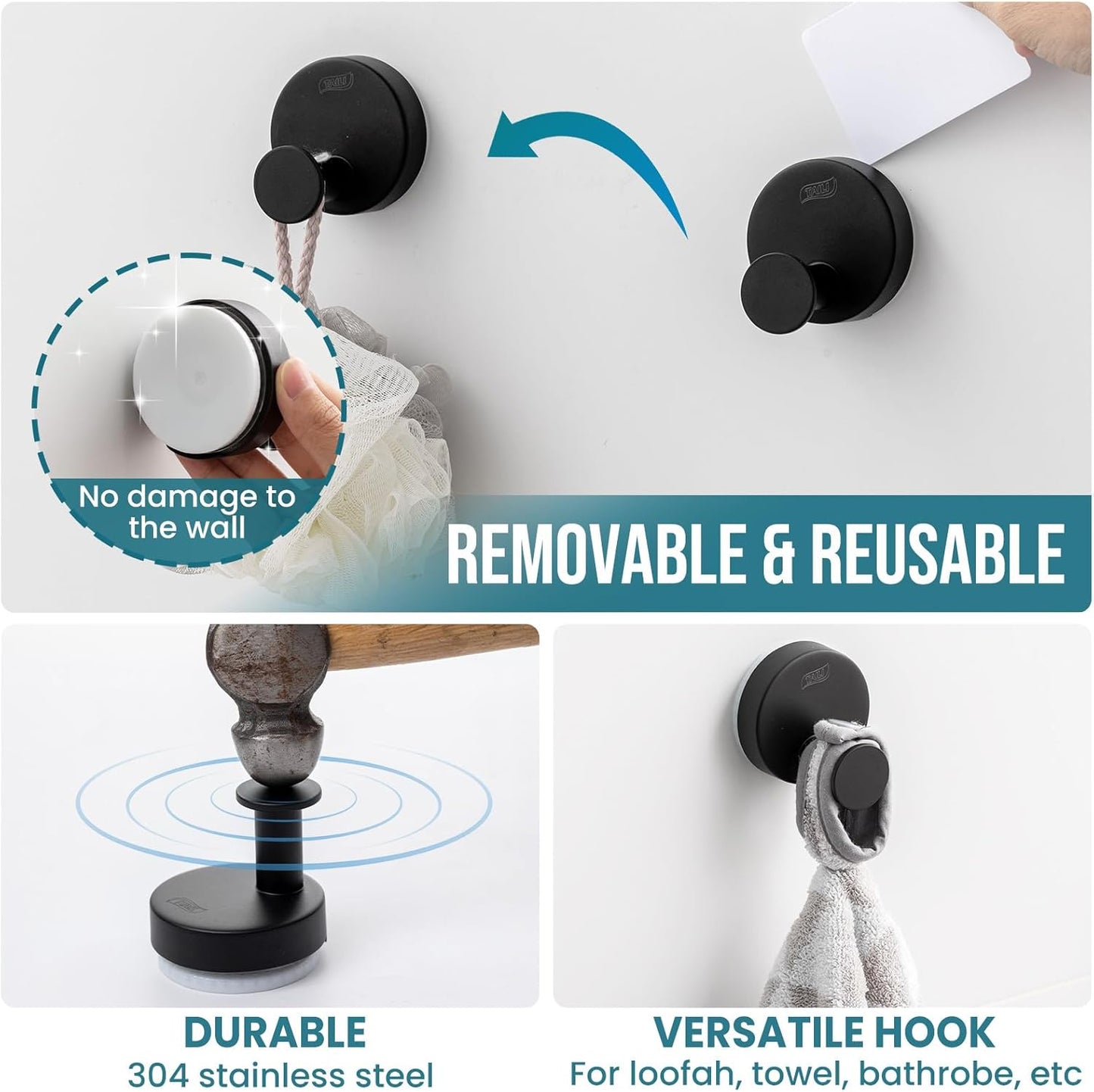 TAILI Suction Cup Razor Holder in Shower 2 Pack, Towel, Loofah, Shaver Holder for Bathroom Wall, Powerful Suction Cup Shower Hooks, Easy to Install and Reuse, White