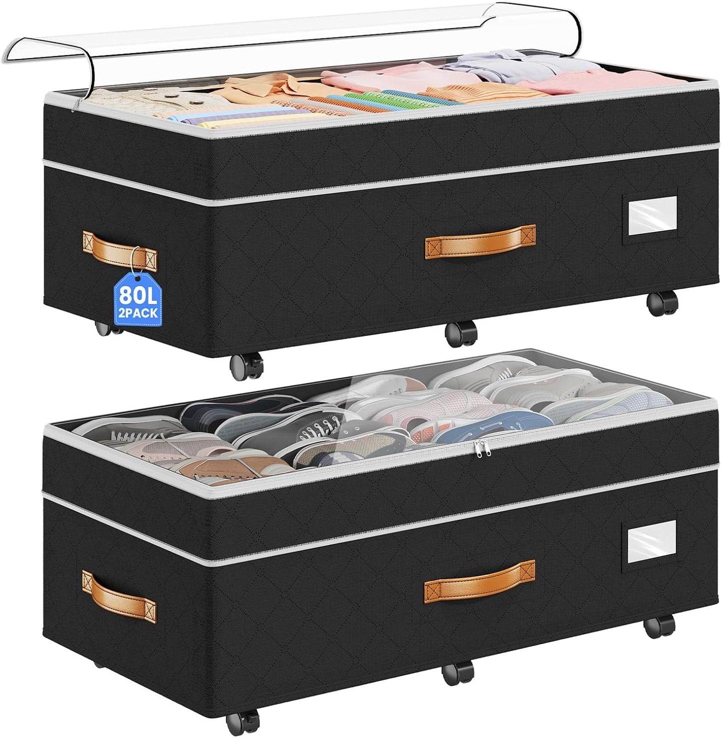 Budding Joy 80L 2 Pack Adjustable Under Bed Storage with Wheels | Underbed containers with clear lids, rolling under bed shoe storage organizer for dorm home clothes, blankets, toys, black