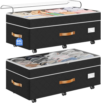 Budding Joy 80L 2 Pack Adjustable Under Bed Storage with Wheels | Underbed containers with clear lids, rolling under bed shoe storage organizer for dorm home clothes, blankets, toys, black