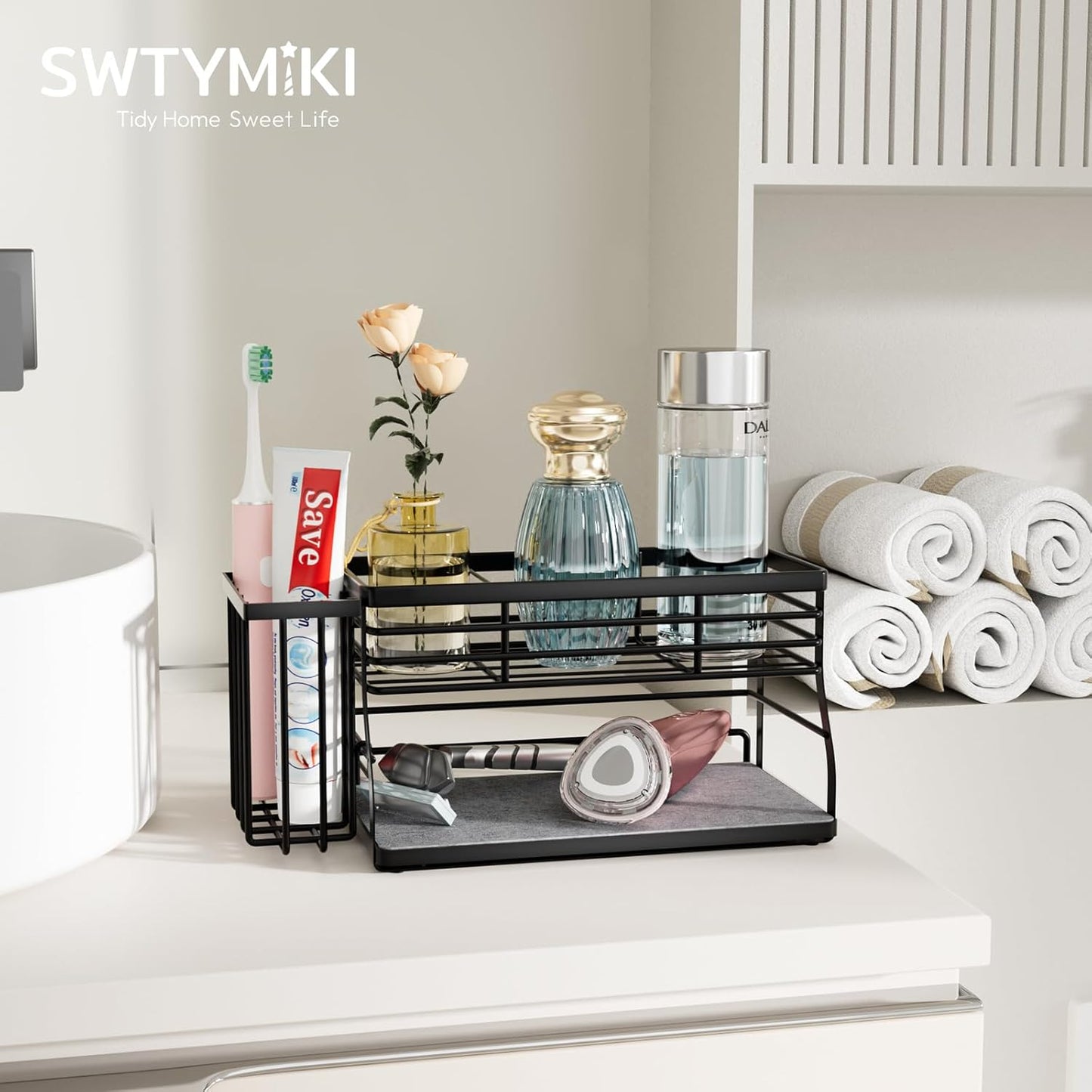 SWTYMIKI Sponge Holder for Kitchen Sink - Sink Caddy with Brush Holder and Stainless Steel Self Drain Tray, Sponge Caddy Organizer with Divider Kitchen Accessories Storage for Countertop, Black