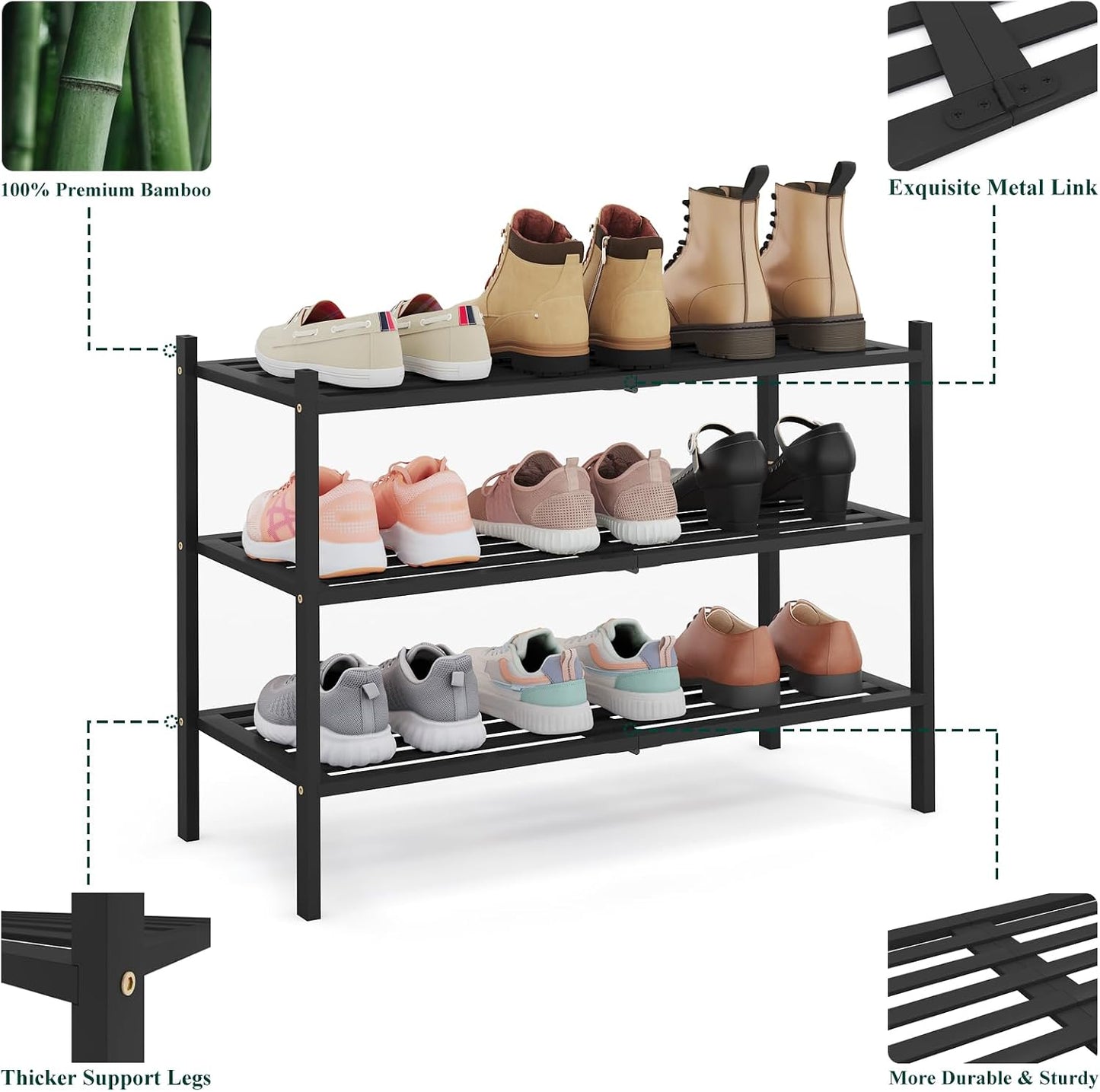 Smiry Bamboo Shoe Rack, 3 Tier Free Standing Wooden Shoe Organizer, Stackable Wood Shoe Storage Shelf for Closet, Entryway, 5 Horizontal Slats, 26.8"x11"x18.3", Natural