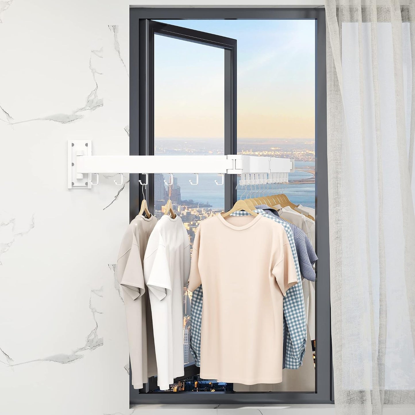 HEILAIYI Clothes Drying Rack for Laundry,Wall Mounted Clothes Hanger Rack,Folding,Retractable,Collapsible(J Shape Hooks)