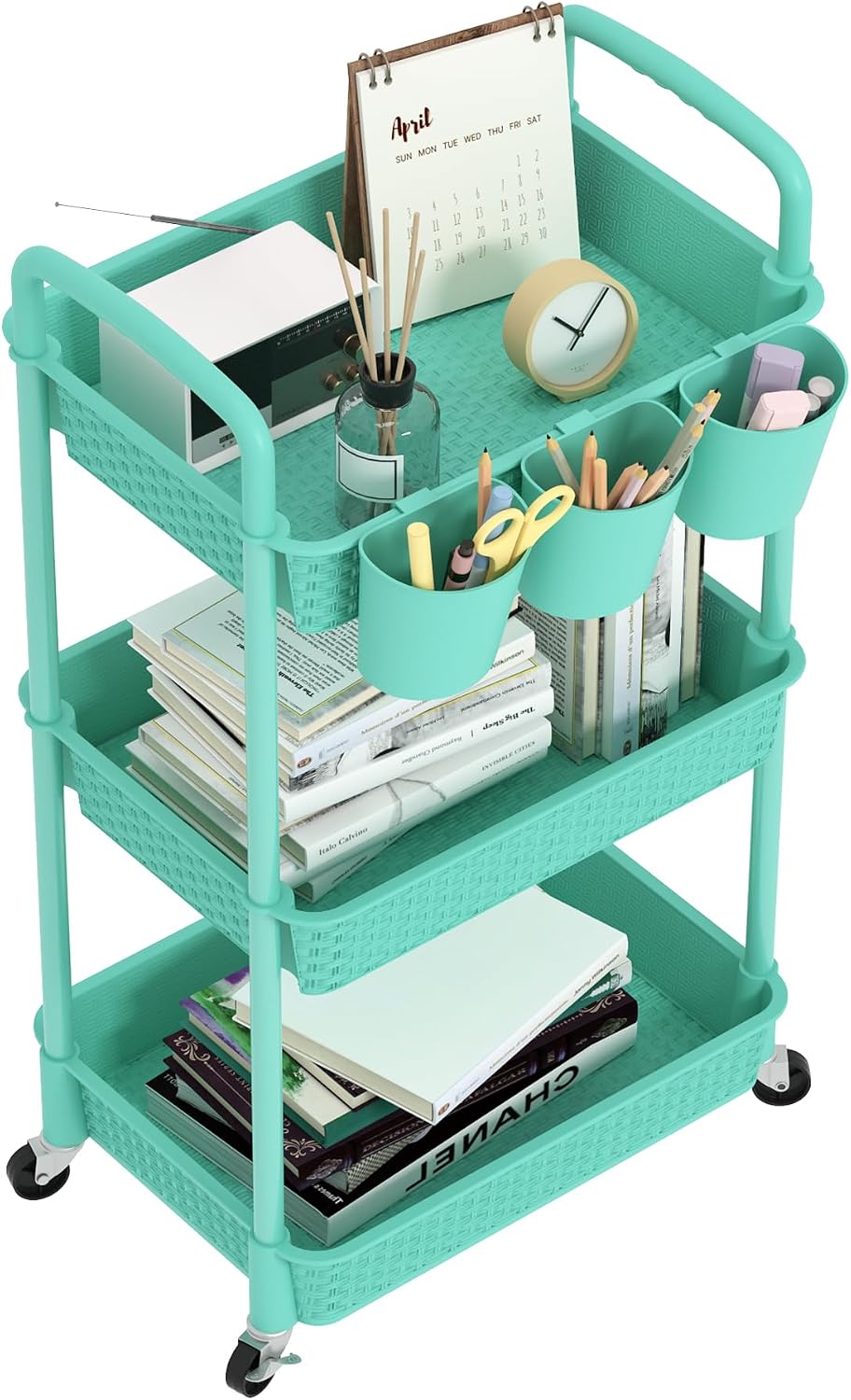MOYIPIN 3-Tier Plastic Rolling Utility Cart with Handle,Utility Storage Cart for Office, Living Room, Kitchen,Movable Storage Organizer Shelves,White
