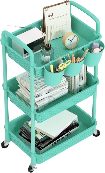 MOYIPIN 3-Tier Plastic Rolling Utility Cart with Handle,Utility Storage Cart for Office, Living Room, Kitchen,Movable Storage Organizer Shelves,White