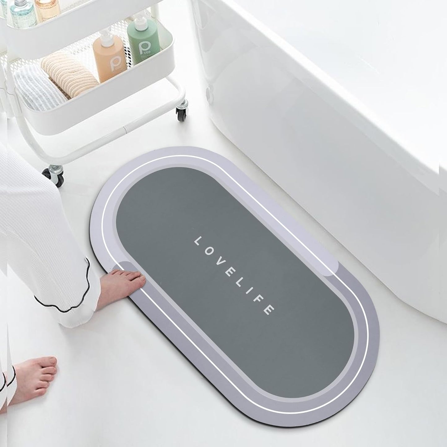 Rubber Bath mats Quick-Drying Non-Slip Bathroom mat Super Absorbent Bath mat Instant Dry Bath mat, Bathroom Rug in Front of The Kitchen Sink, Shower Room, Bathtub, Oval(Grey+16.9x26.7in)