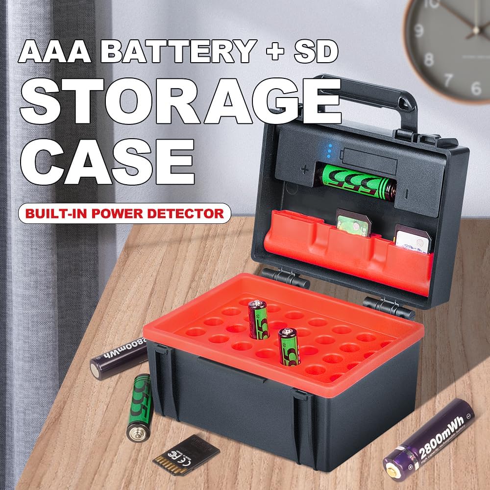LYNCA Hard Battery Organizer Storage Box and SD Card Case Holder - Holds 6 SD Cards 20 AA Batteries and 15 AAA Batteries - with Built-in Battery Tester ("SD*6 AA Battery*20 AAA Battery*15")