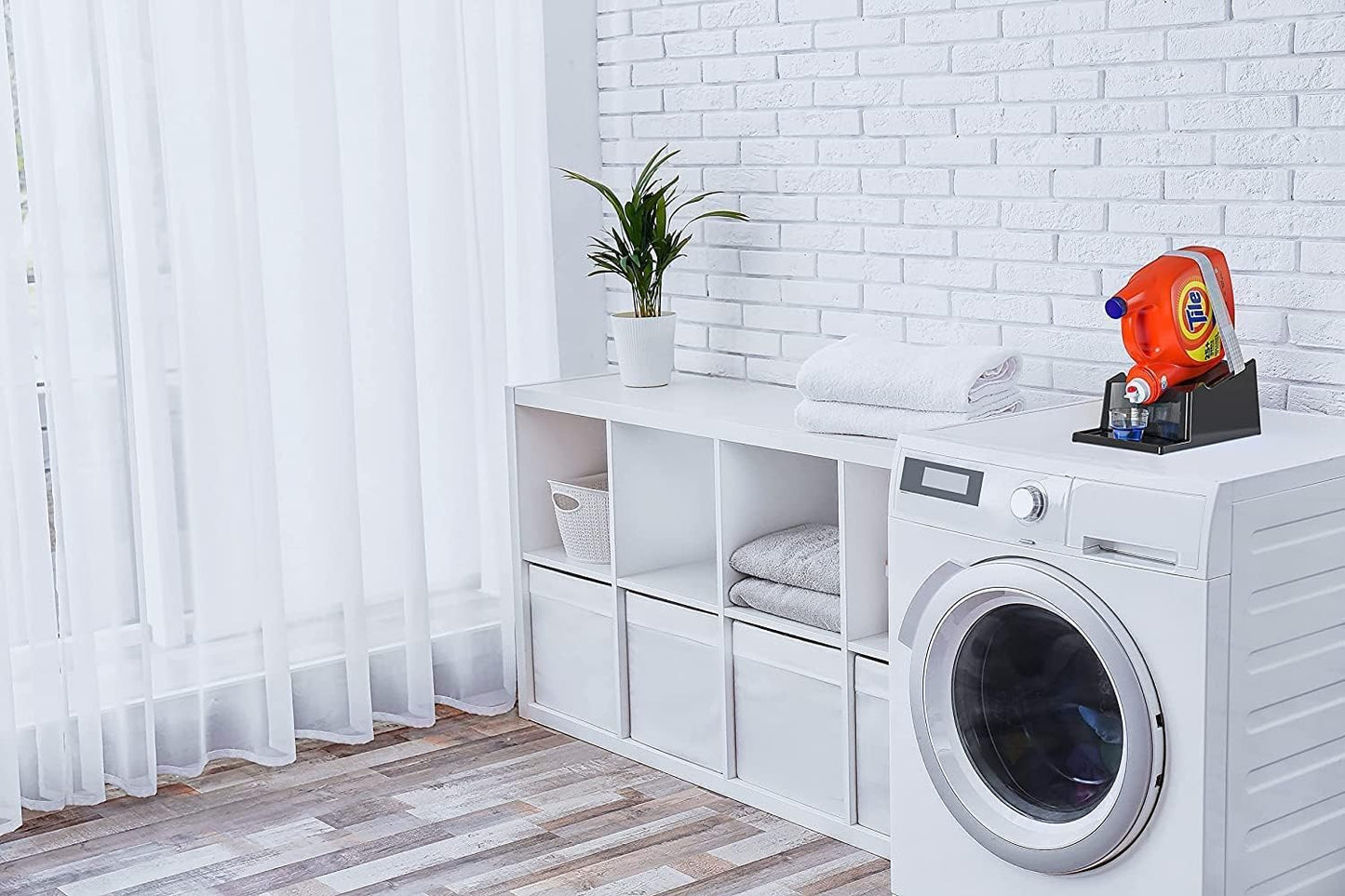 Liquid Laundry Detergent Holder Stand with Drip Tray - 1 Pack - White | Easy Pouring, Rubber Feet, Secure Strap, Angled Stand, Fabric Softener Dispenser for Laundry Room Organization & Storage
