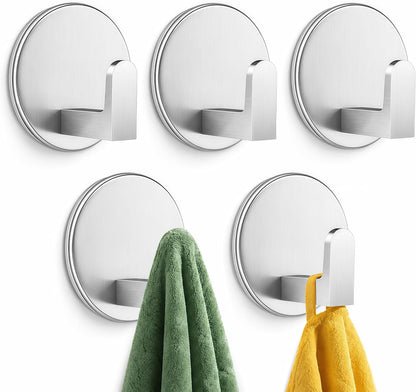 Auxmir Adhesive Towel Hooks, 5 Pack Heavy Duty Wall Hooks 15lb Max, No Drilling Sticky Hooks for Bathroom Shower Kitchen, Waterproof Rustproof Stainless Steel Hooks for Towels, Robes, Coats, Silver