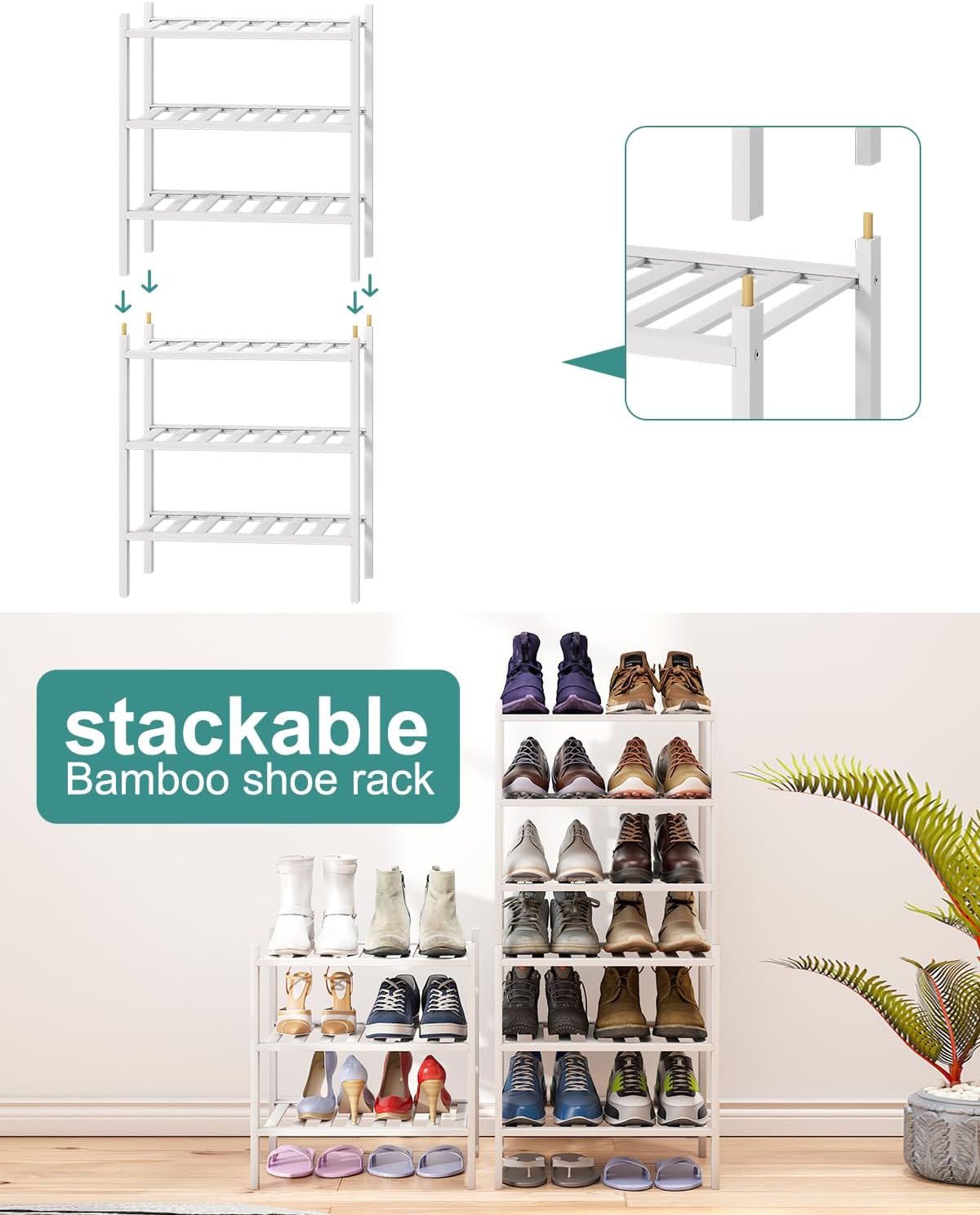 viewcare 3-Tier Black Bamboo Shoe Rack for Entryway, Stackable | Foldable | Natural, Shoe Shelf Storage Organizer for Hallway Closet, Free Standing Shoe Racks for Indoor Outdoor