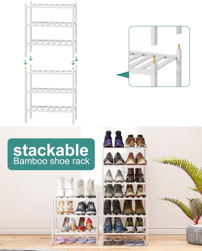 viewcare 3-Tier Black Bamboo Shoe Rack for Entryway, Stackable | Foldable | Natural, Shoe Shelf Storage Organizer for Hallway Closet, Free Standing Shoe Racks for Indoor Outdoor
