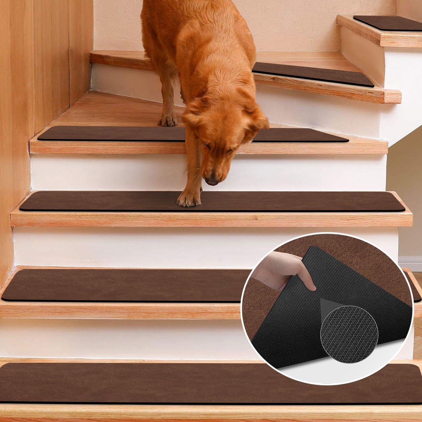Non Slip Rubber Carpet Stair Treads for Wooden Steps Indoor, 15 Pack Slip Resistant Stair Rug Staircase Step Treads Pads for Pet, Kids and Elderly, Black Marble