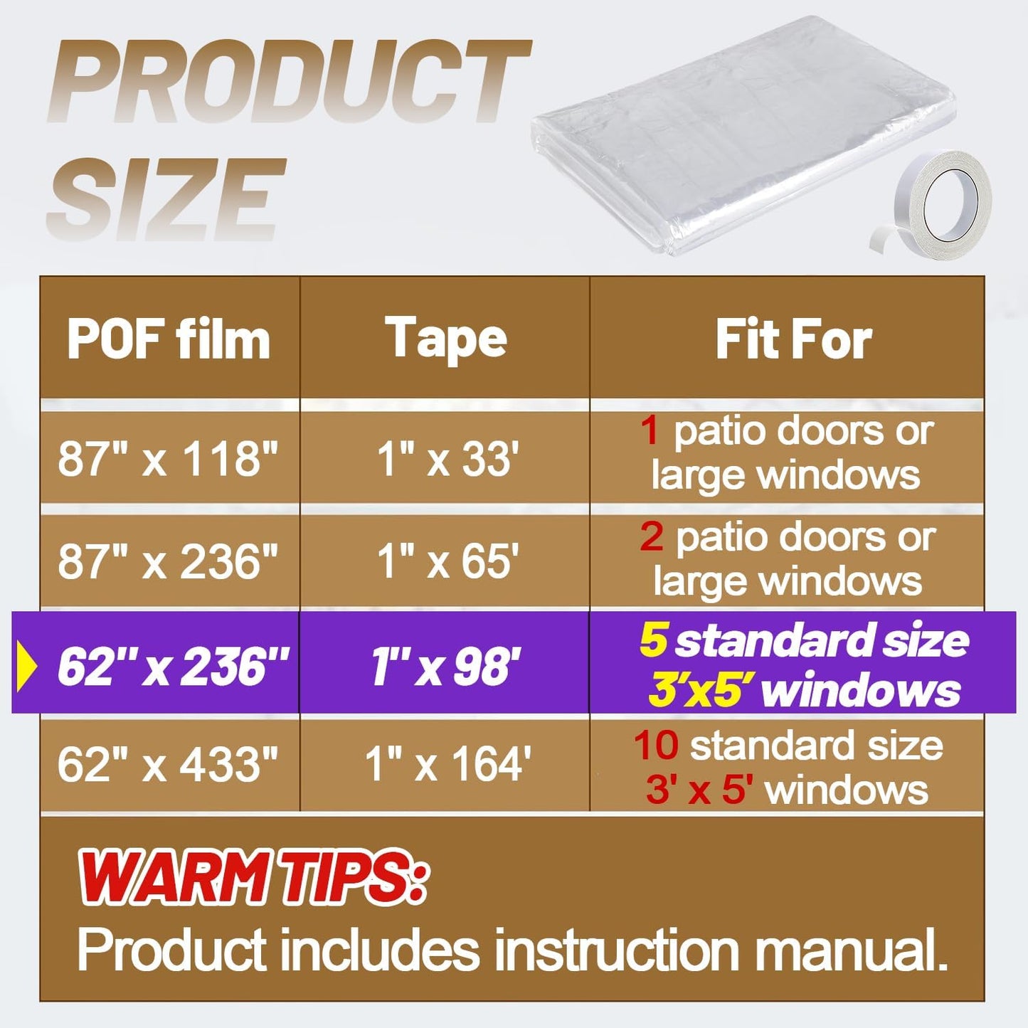 87×118in Patio Door Window Insulation Kit for Winter- Thicken Indoor Large Window Plastic for Winterizing, Clear Window Covering Shrink Film with Double-Side Tape to Keep Cold Out