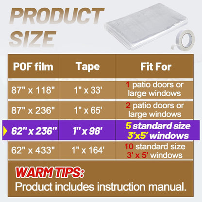 87×118in Patio Door Window Insulation Kit for Winter- Thicken Indoor Large Window Plastic for Winterizing, Clear Window Covering Shrink Film with Double-Side Tape to Keep Cold Out