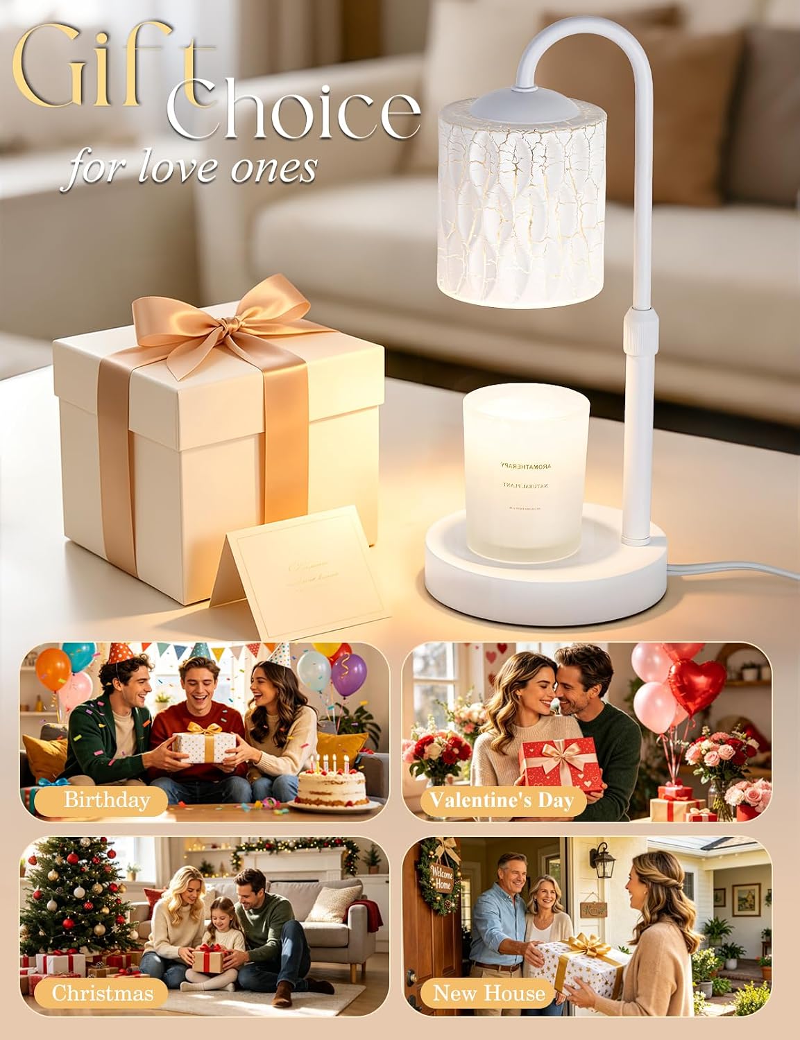 Briever Dimmable Candle Warmer Lamp with Timer, Height Adjustable Electric Candle Wax Warmer, Christmas Birthday Gifts for Women Mom, House Warming Gifts New Home Room Decor, Walnut Solid Wood Base