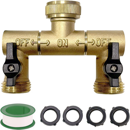 Garden Irrigation 2-Way Brass Splitter - Solid Brass Full Flow 3/4 Inch Dual Outlet Valve with Black Knobs, Freeze & Rust Resistant