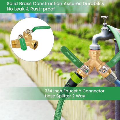 FINEST+ Garden Hose Splitter 2 Way, Heavy Duty Brass Y Valve Garden Hose Splitter With Stainless Steel Long Handle, Full Flow Hose Splitter Connector, Y Valve 3/4 Inch GHT Thread