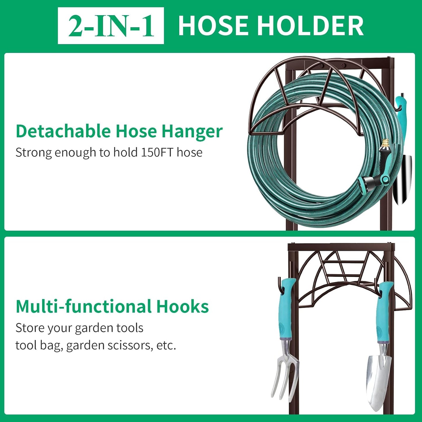 TomCare Garden Hose Holder 4 Spikes Garden Hose Reel Hose Stand Upgraded Water Hose Storage with Tool Hooks Garden Hose Hanger Organizer Holds 160ft Hoses for Outside Yard Lawn, Black