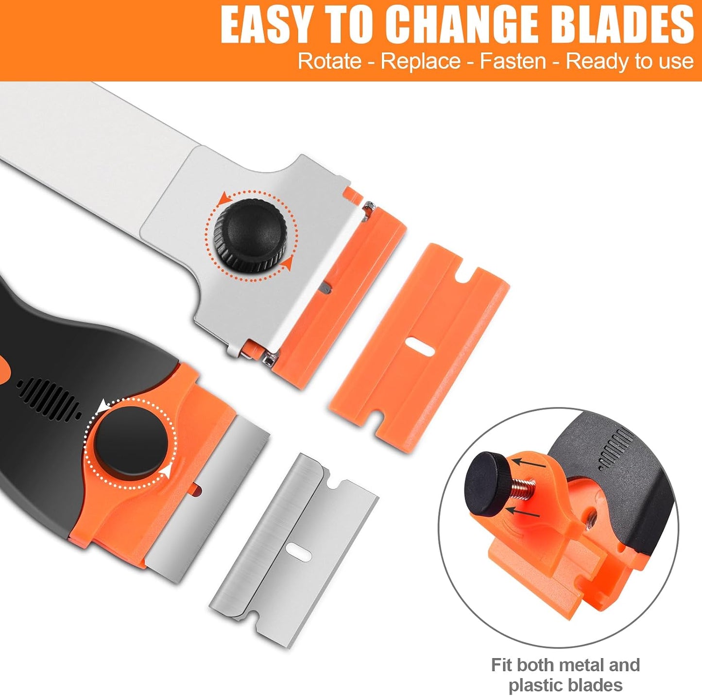 NECAMOCU 4 Pack Razor Blade Scraper, Includes 50 PCS Metal & Plastic Blades | Premium Razor Scraper Tool for Glass, Window, Cooktop, Countertop Cleaning & Sticker, Decal, Paint Removal (Orange)
