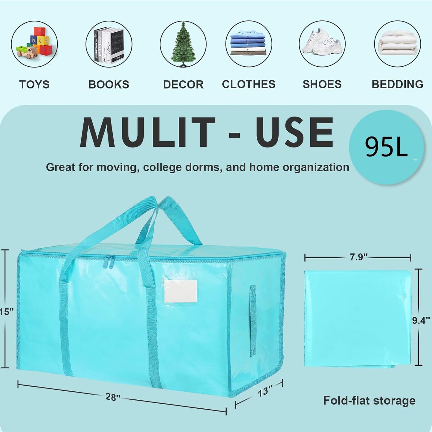 8 Pack-Extra Large Heavy Duty Moving Bags - Waterproof Storage Totes with Handles & Zippers, Foldable for College Dorm, Storage (Clear)