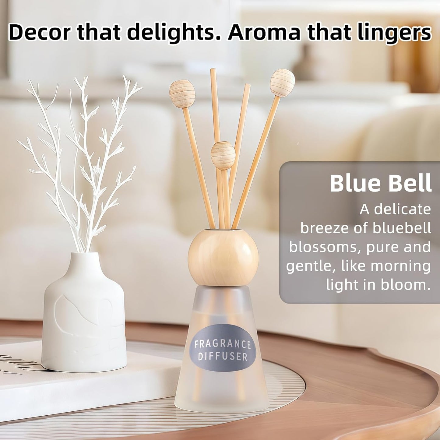Reed Diffuser Set, Blue Bell Scent with Reed Sticks, 1.7 fl oz / 50ml Cone-Shaped Bottle with Round Wooden Cap, Ideal for Bathroom, Bedroom, Office, Home Fragrance for Shelf Decor Air Freshener Gift