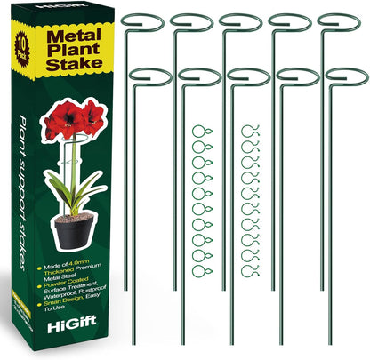 HiGift 17 inch Plant Support Stakes, 4mm Thick Garden Single Stem Flower Support Stake Amaryllis Plant Cage Support Rings with 10 pcs Plant Clips for Tomato Orchid Lily Peony Rose Flower Stem-5 Pack