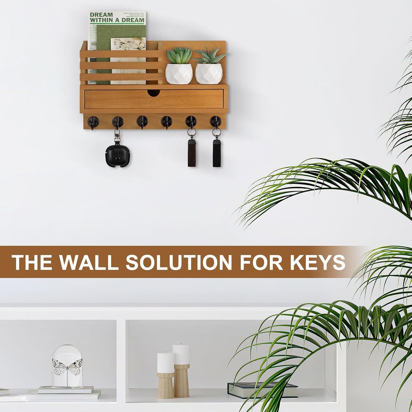 Key Holder Wall Mount, Mail Holder with Storage Drawer and 5 Key Hooks for Coat, Dog Leash, Home Decor Rack, House Accessories, Entry Way Organizer