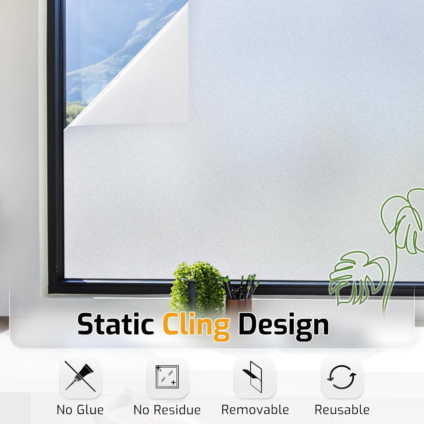 LUTE Window Privacy Film, Frosted Glass Window Film for Bathroom, Static Cling Removable Heat Control Glass Coverings, Non Adhesive Opaque Door Sticker for Home Office (Pure, 17.5" x 78.7")