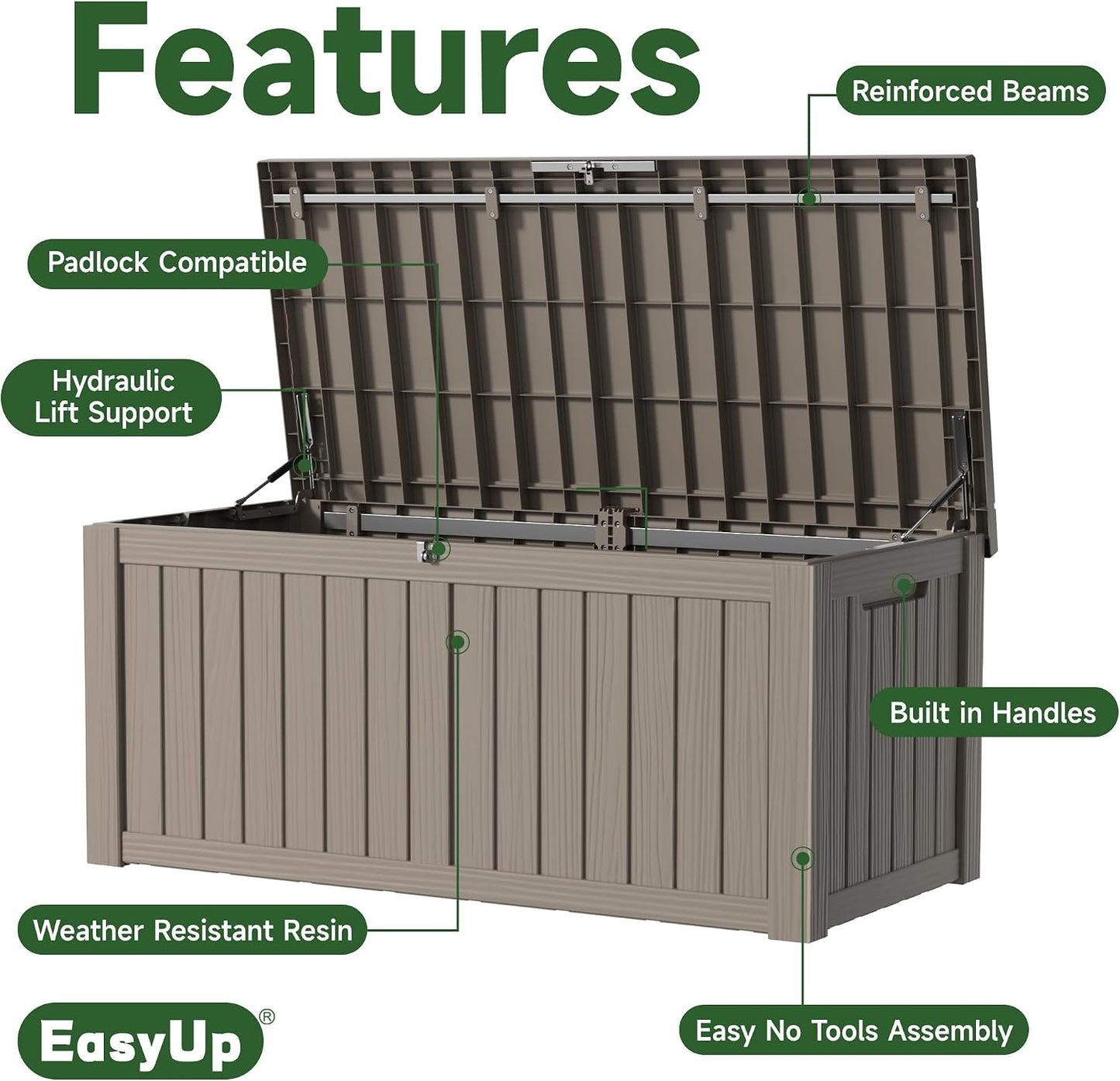 EasyUp 50 Gallon Outdoor Storage Box Waterproof Lockable Deck Boxes | UV Resistant Resin, for Garden Tools Cushions Patio Equipment, 300 lbs Capacity, Portable Design, Easy 16-Min Assembly