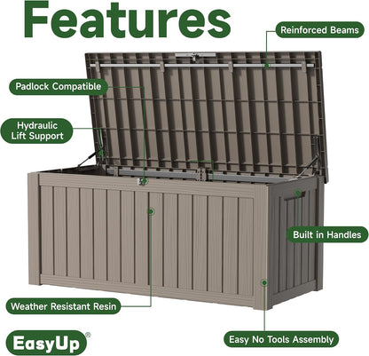EasyUp 50 Gallon Outdoor Storage Box Waterproof Lockable Deck Boxes | UV Resistant Resin, for Garden Tools Cushions Patio Equipment, 300 lbs Capacity, Portable Design, Easy 16-Min Assembly
