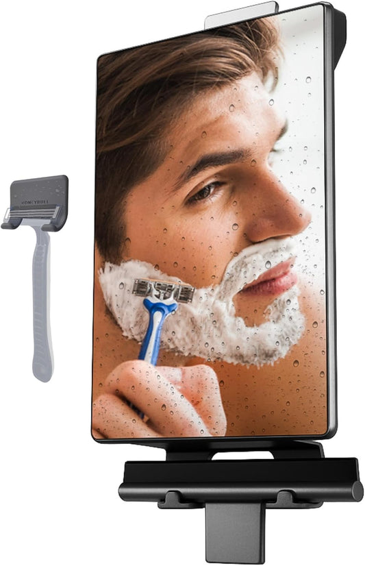 HONEYBULL Fogless Shower Mirror for Shaving – Anti Fog Mirror for Shower with Water Tank, Adhesive Hook Mount, Bonus Razor Holder & Squeegee – for Men and Women, Small Bathroom Accessory (Black)
