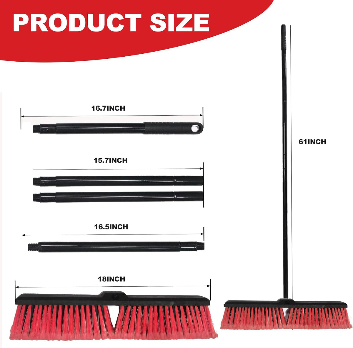 18" Heavy Duty Push Broom - 61" Adjustable 4-Section Metal Handle Stiff Flagged Hard Bristles Indoor Outdoor Floor Broom for Garage Patio Concrete Deck Shop Warehouse (Yellow, 18inches Wide)