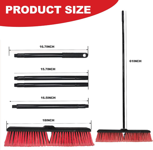 18" Heavy Duty Push Broom - 61" Adjustable 4-Section Metal Handle Stiff Flagged Hard Bristles Indoor Outdoor Floor Broom for Garage Patio Concrete Deck Shop Warehouse (Yellow, 18inches Wide)