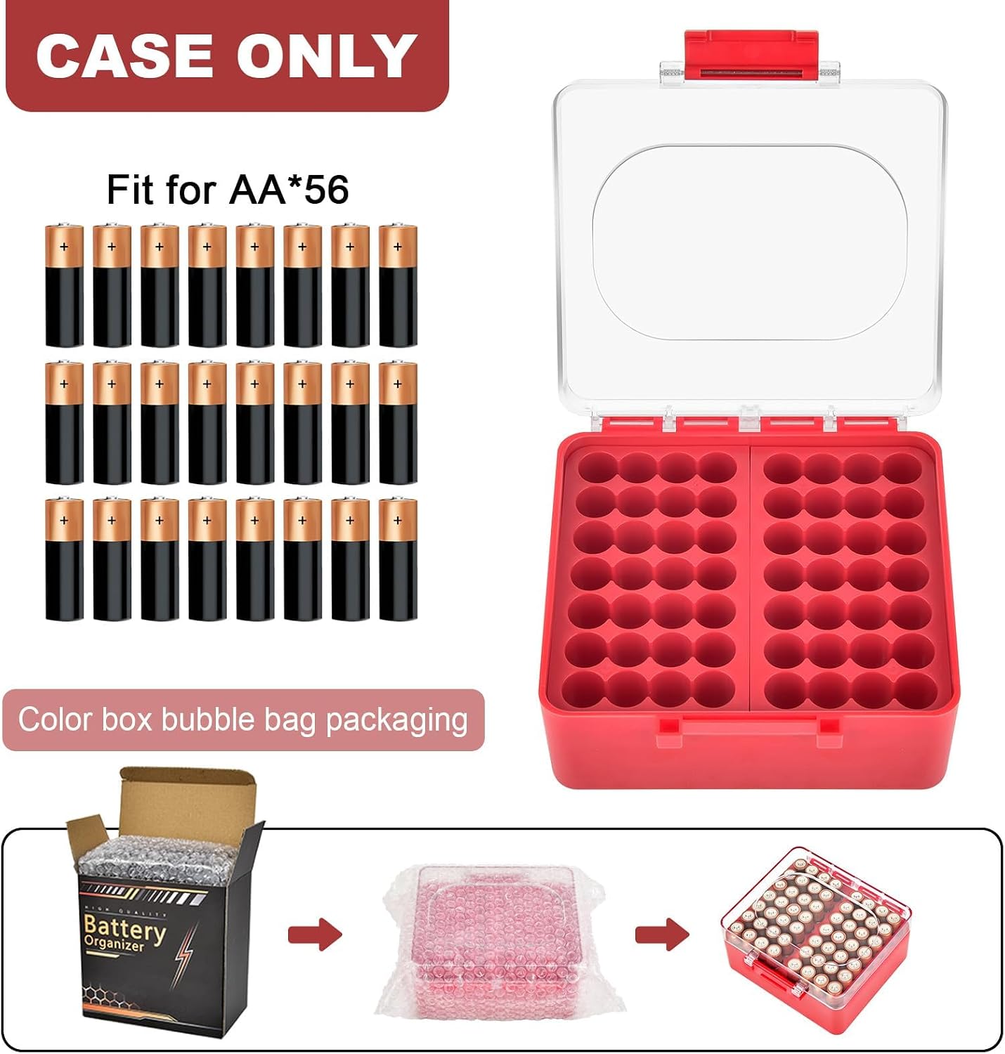 FULLCASE Plastic Battery Organizer with Tester, Battery Storage Case for AA AAA C D 9V Batteries, Portable Battery Holder Box for Home, Travel & Emergency Kits(Case Only) Black