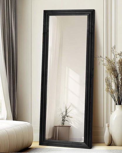 Full Length Mirror 65"x22" with Stand Solid Wood Frame Floor Large Mirror for Living Room, Bedroom Hanging Standing or Leaning Wall-Mounted, New Black